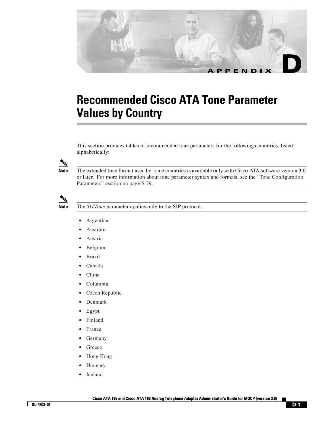 Cisco Systems ATA 186 manual Recommended Cisco ATA Tone Parameter Values by Country, A P P E N D I X D, Hungary Iceland 