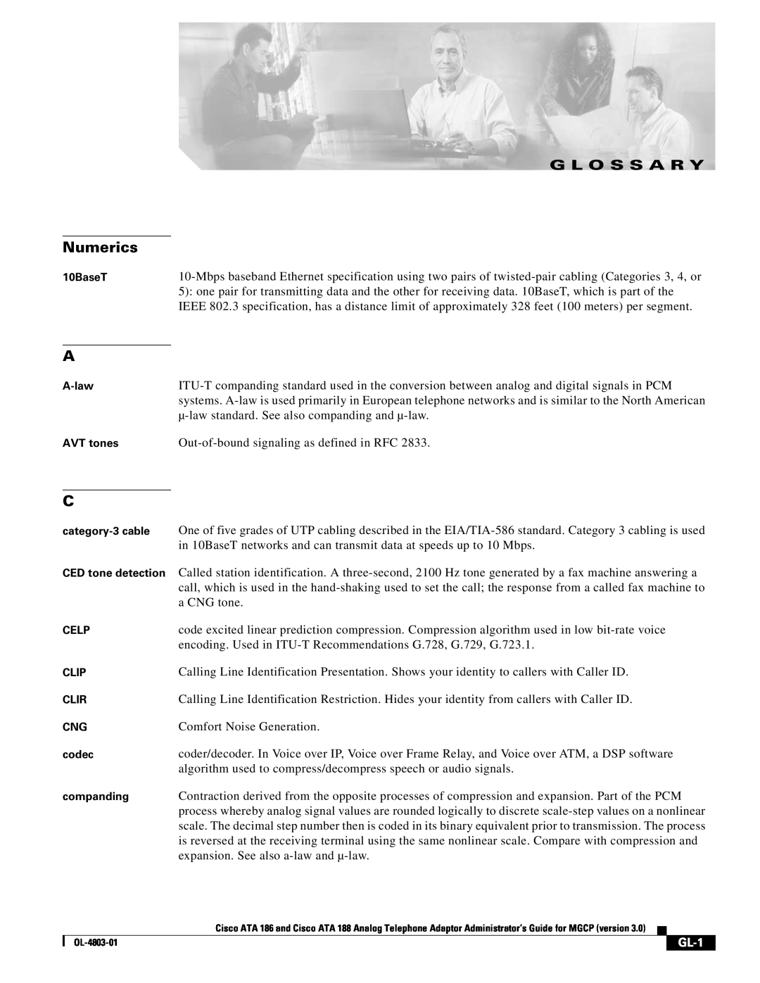 Cisco Systems ATA 186 manual Numerics, G L O S S A R Y, GL-1 