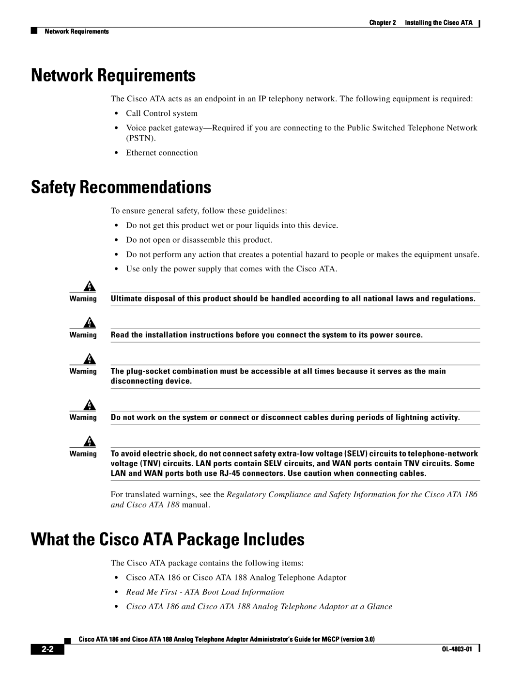 Cisco Systems ATA 186 manual Network Requirements, Safety Recommendations, What the Cisco ATA Package Includes 