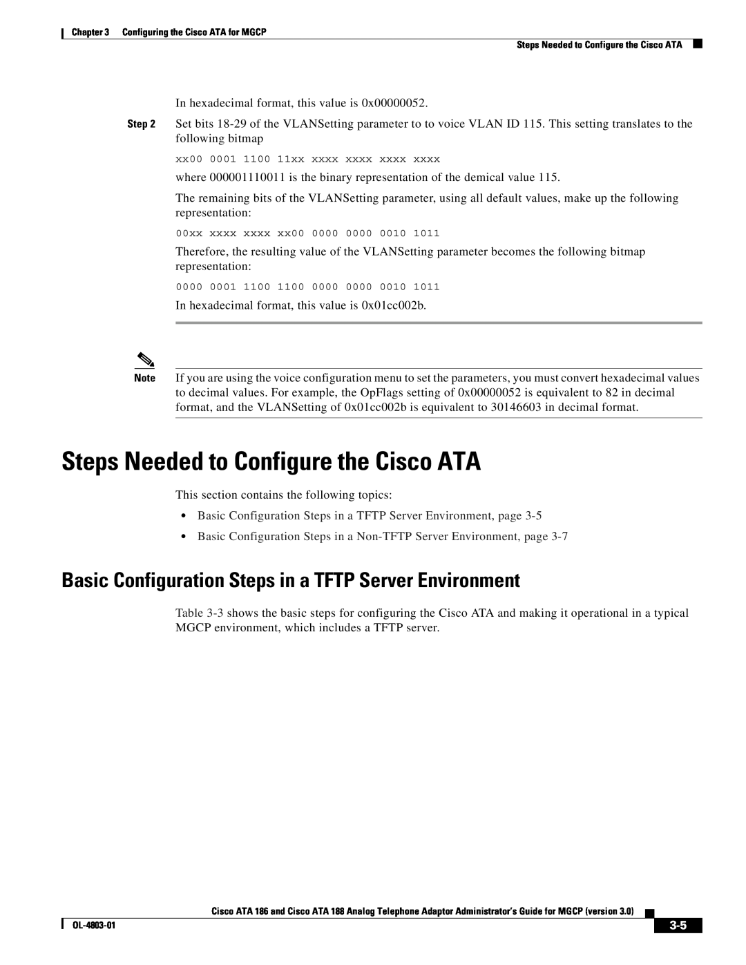 Cisco Systems ATA 186 Steps Needed to Configure the Cisco ATA, Basic Configuration Steps in a TFTP Server Environment 