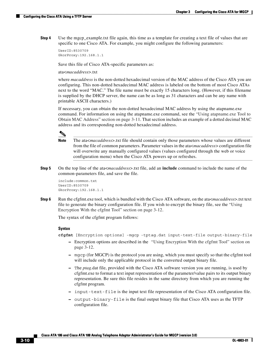 Cisco Systems ATA 186 manual atamacaddress.txt, Syntax, 3-10 