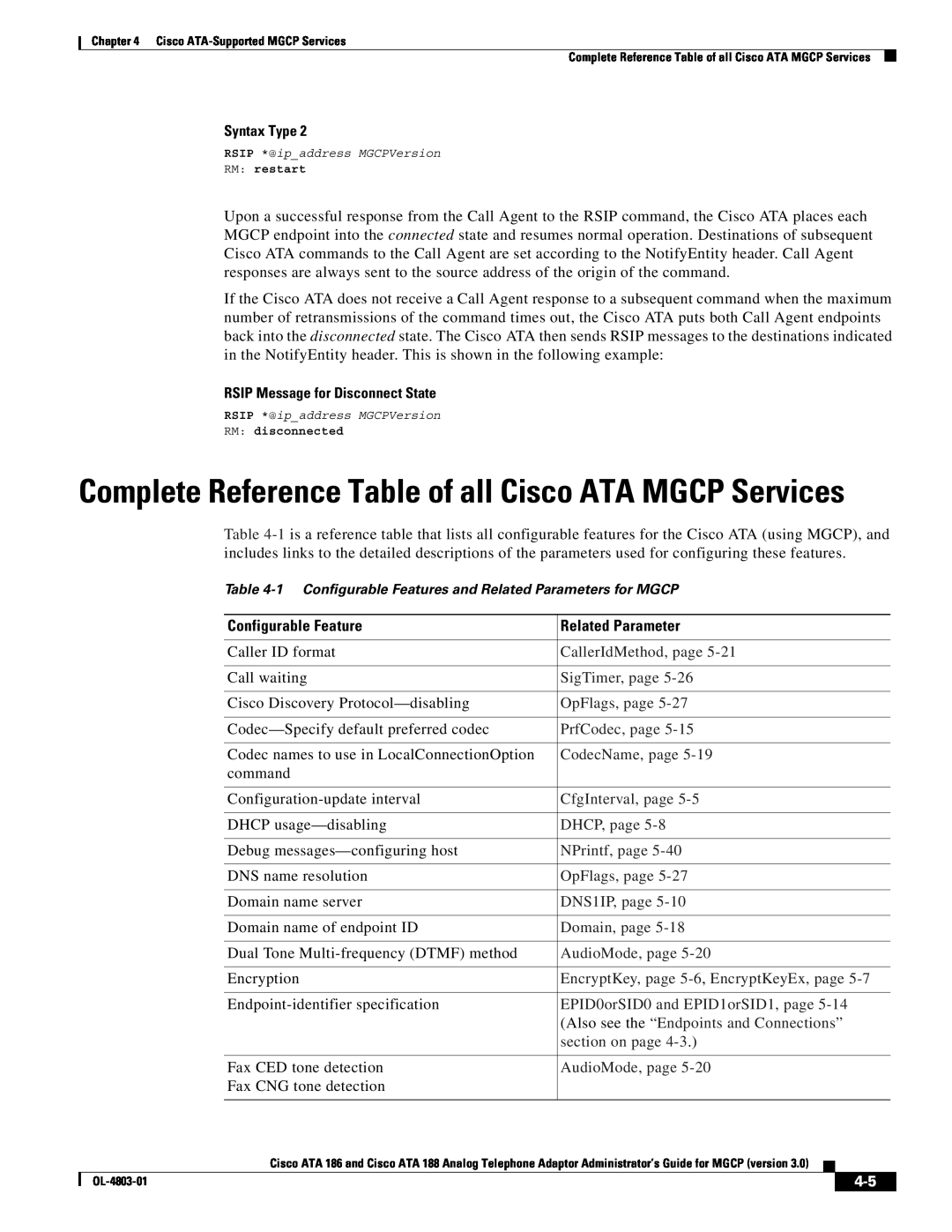 Cisco Systems ATA 186 Complete Reference Table of all Cisco ATA MGCP Services, RSIP Message for Disconnect State, command 