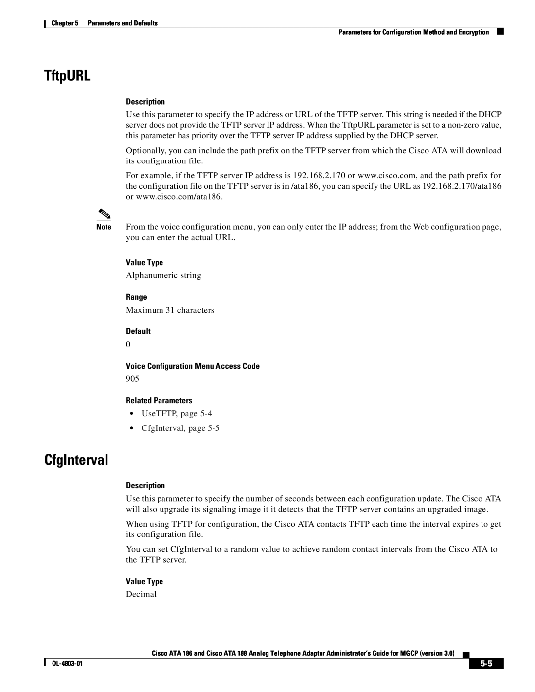 Cisco Systems ATA 186 manual TftpURL, UseTFTP, page CfgInterval, page, Description, Value Type, Range, Default 