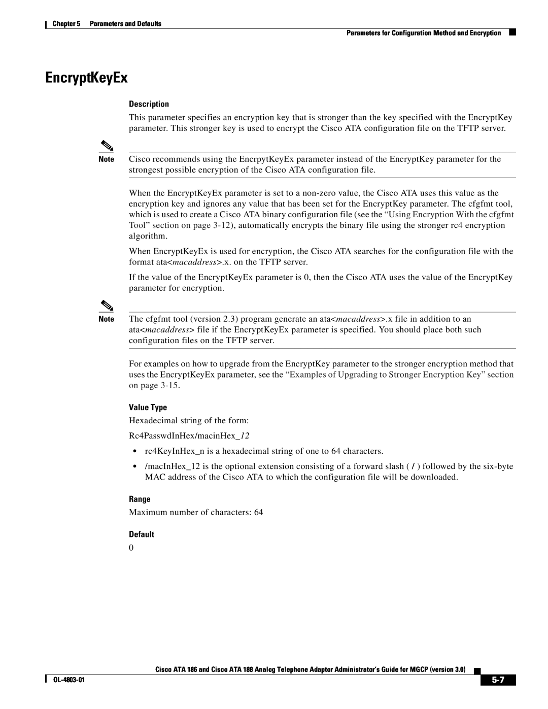 Cisco Systems ATA 186 manual EncryptKeyEx, Description, Value Type, Range, Default 