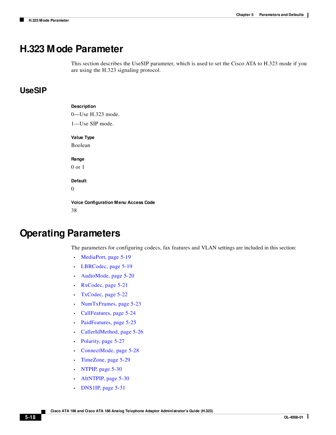 Cisco Systems ATA 186 manual Mode Parameter, Operating Parameters, UseSIP, Use H.323 mode -Use SIP mode 