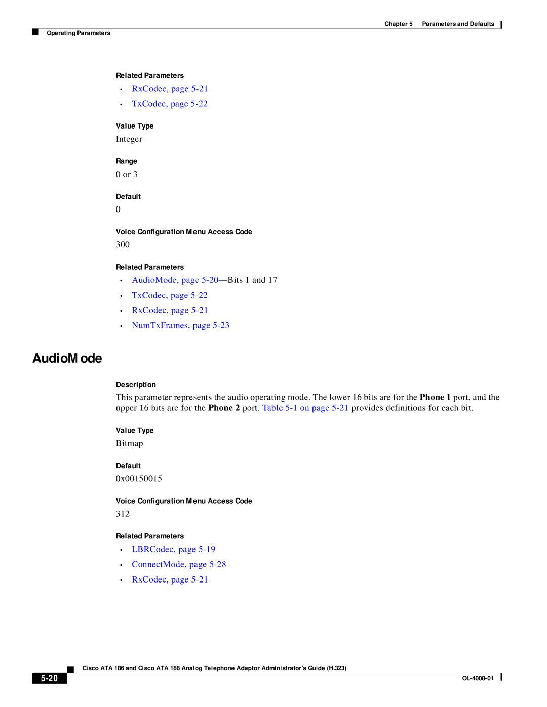 Cisco Systems ATA 186 manual RxCodec, TxCodec, AudioMode, page 5-20-Bits 1 TxCodec, RxCodec, NumTxFrames 