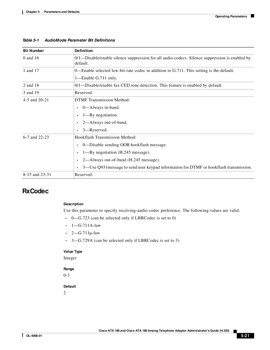 Cisco Systems ATA 186 manual RxCodec, Bit Number Definition 