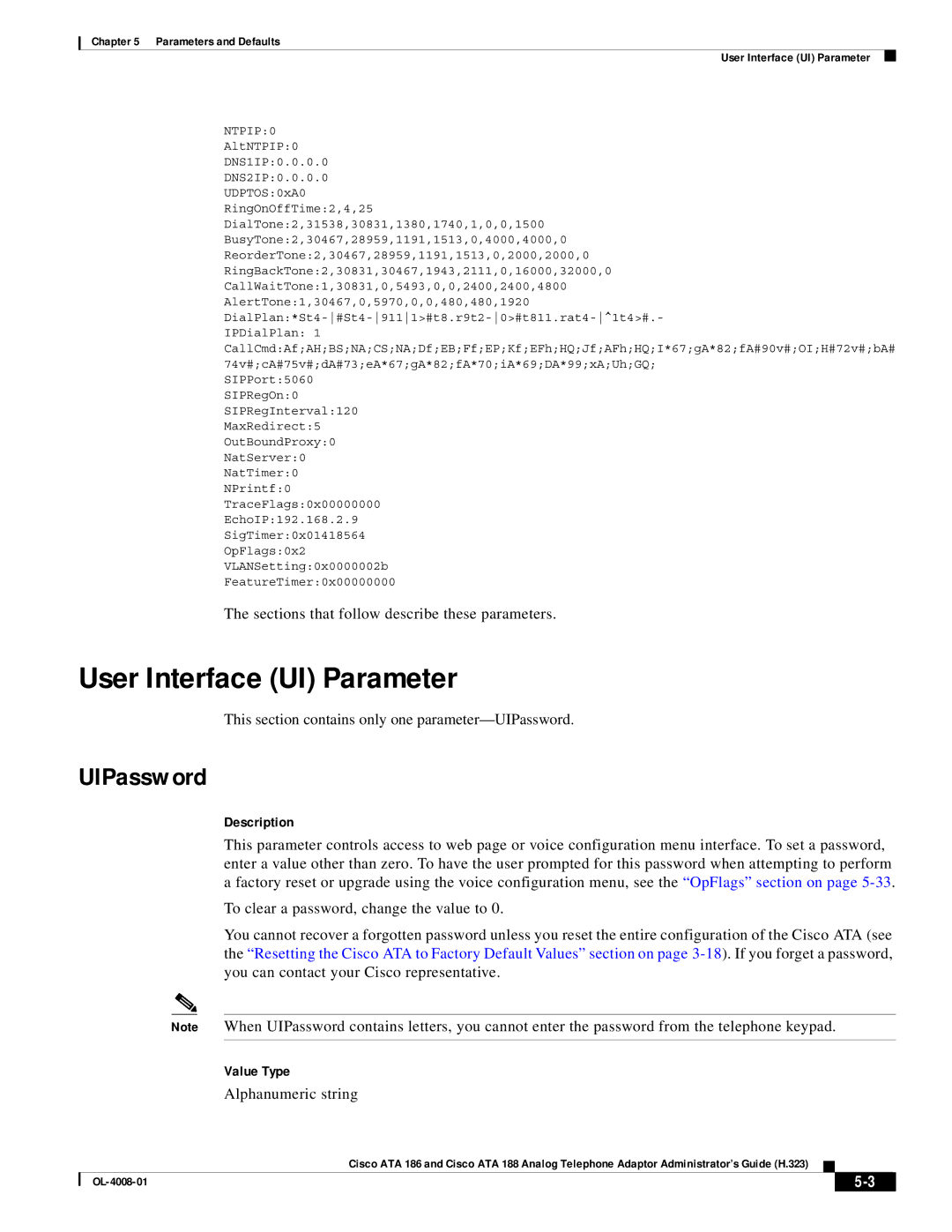 Cisco Systems ATA 186 manual User Interface UI Parameter, UIPassword, Description, Value Type 