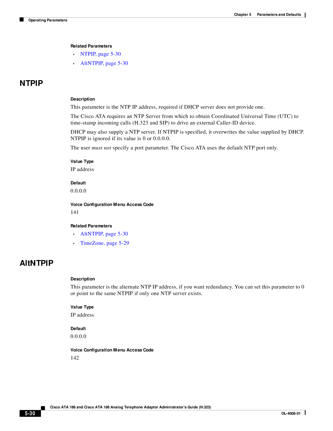 Cisco Systems ATA 186 manual Ntpip, NTPIP, AltNTPIP, AltNTPIP, TimeZone 