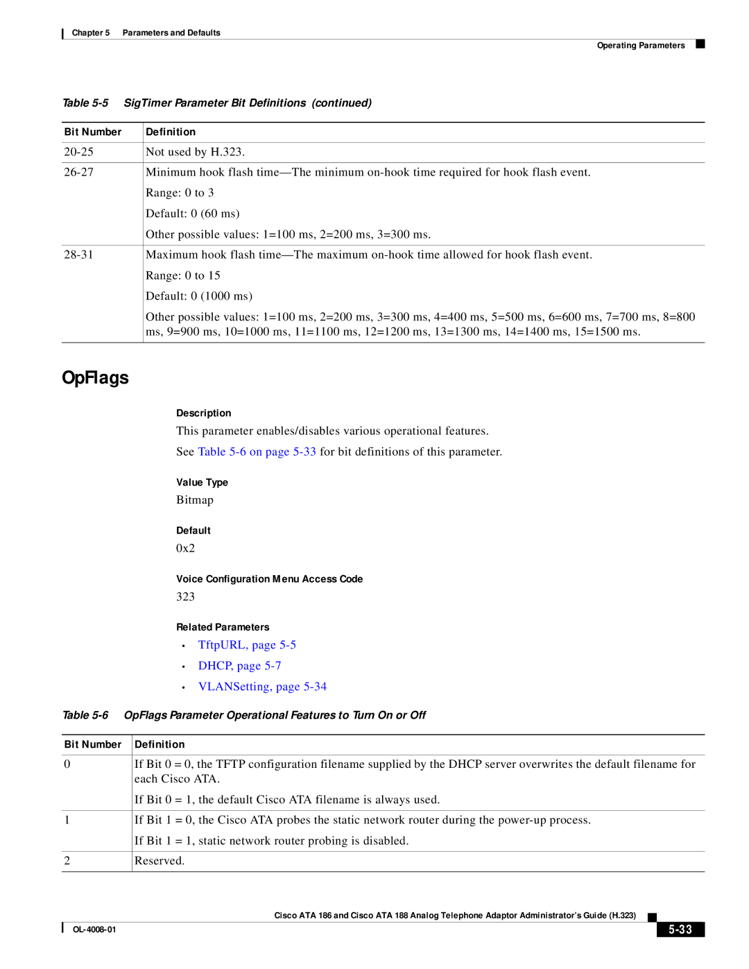 Cisco Systems ATA 186 manual OpFlags, TftpURL, DHCP, VLANSetting 