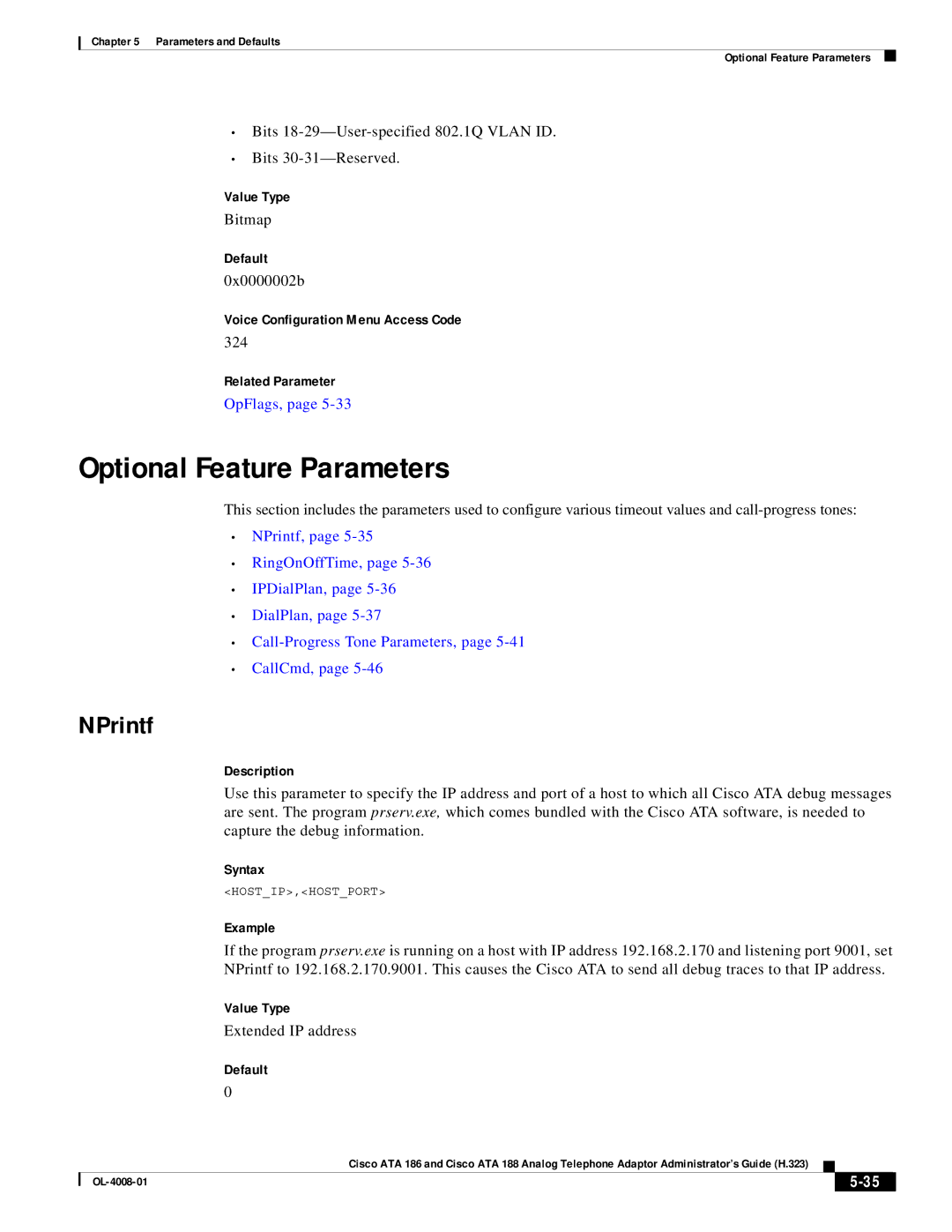 Cisco Systems ATA 186 manual Optional Feature Parameters, NPrintf, Syntax, Example 