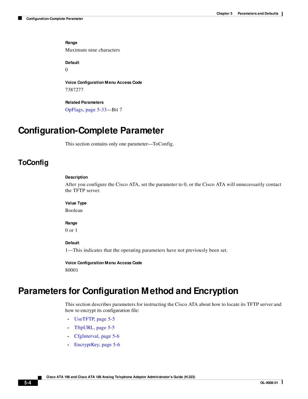 Cisco Systems ATA 186 manual Configuration-Complete Parameter, Parameters for Configuration Method and Encryption, ToConfig 