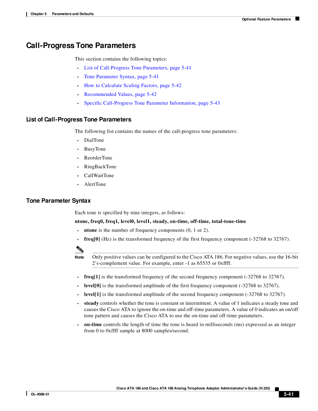 Cisco Systems ATA 186 manual List of Call-Progress Tone Parameters, Tone Parameter Syntax 