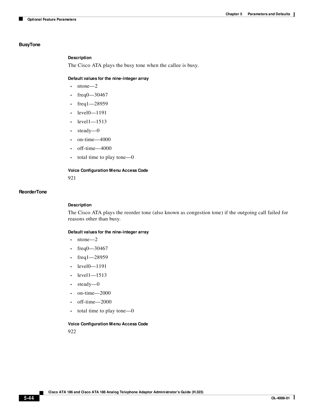 Cisco Systems ATA 186 manual BusyTone, ReorderTone, Cisco ATA plays the busy tone when the callee is busy, 921, 922 