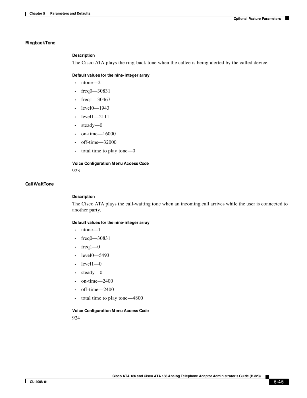 Cisco Systems ATA 186 manual RingbackTone, CallWaitTone, 923, 924 