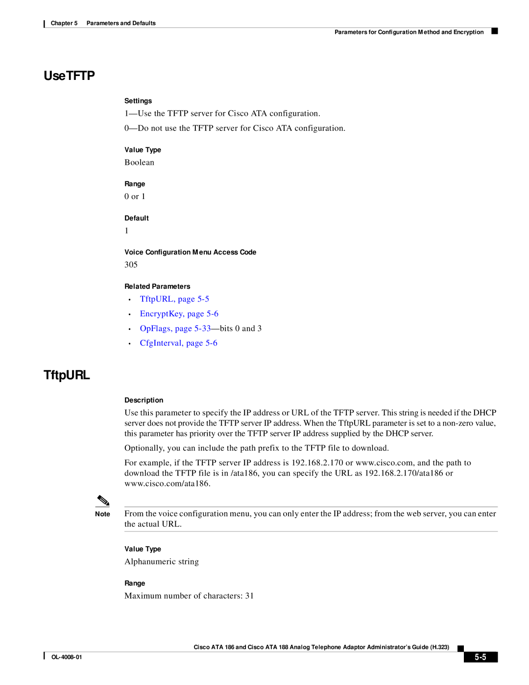 Cisco Systems ATA 186 manual UseTFTP, TftpURL, Settings, Range Default Voice Configuration Menu Access Code 