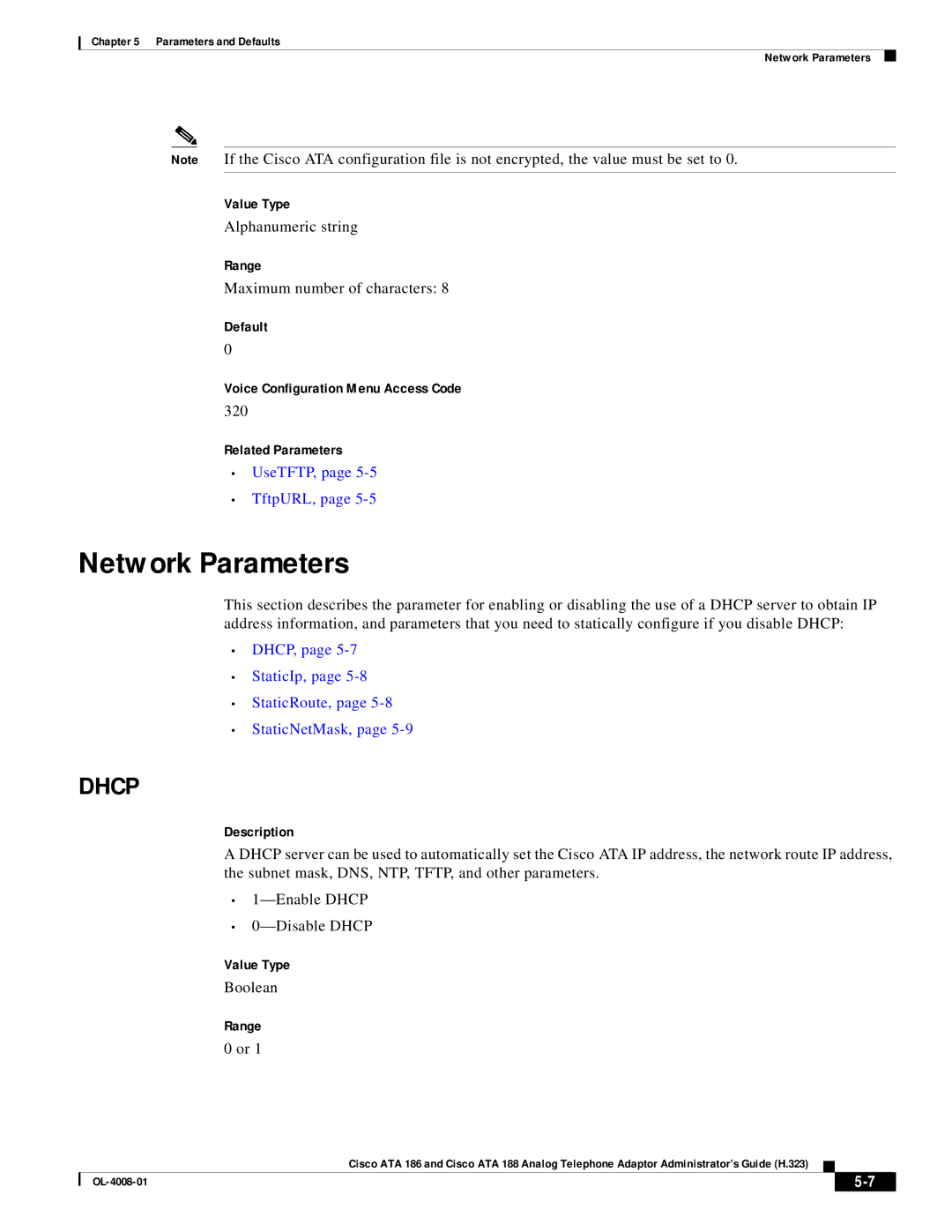 Cisco Systems ATA 186 manual Network Parameters, Dhcp, 320, DHCP, StaticIp, StaticRoute, StaticNetMask 