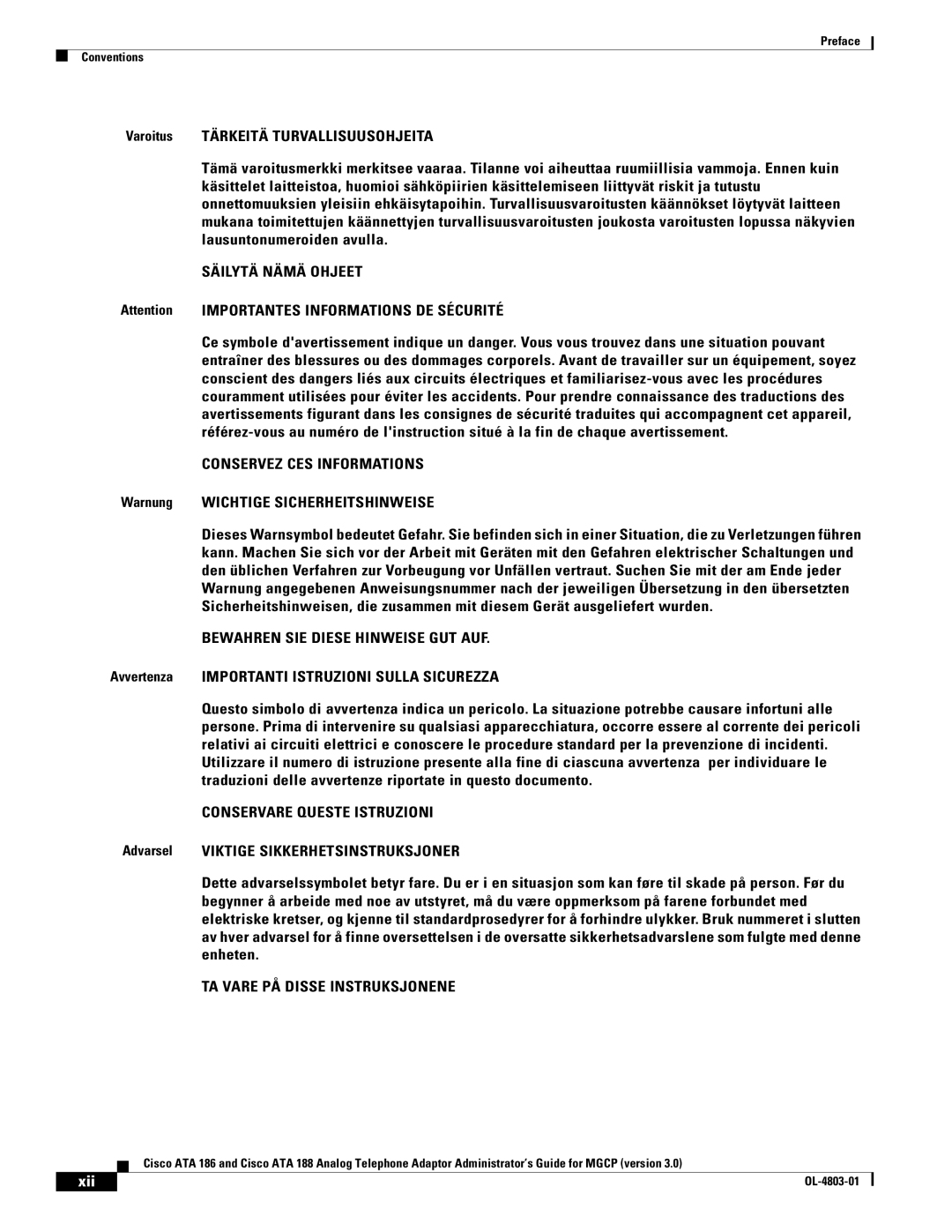 Cisco Systems ATA 186 manual Warnung Wichtige Sicherheitshinweise, Avvertenza Importanti Istruzioni Sulla Sicurezza, Xii 