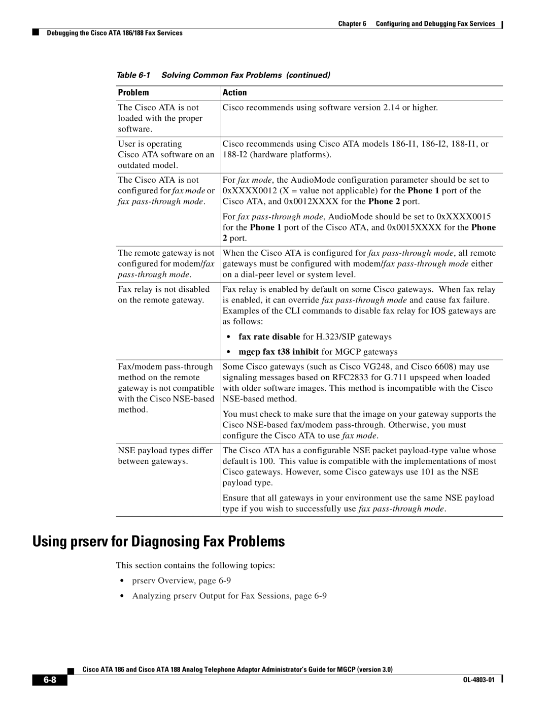 Cisco Systems ATA 186 manual Using prserv for Diagnosing Fax Problems, Cisco ATA, and 0x0012XXXX for the Phone 2 port, Port 