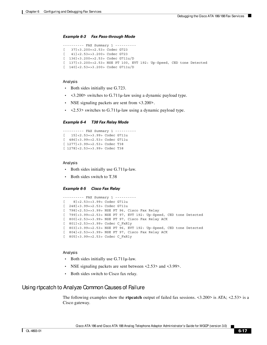 Cisco Systems ATA 186 manual Using rtpcatch to Analyze Common Causes of Failure, Example 6-3 Fax Pass-through Mode 