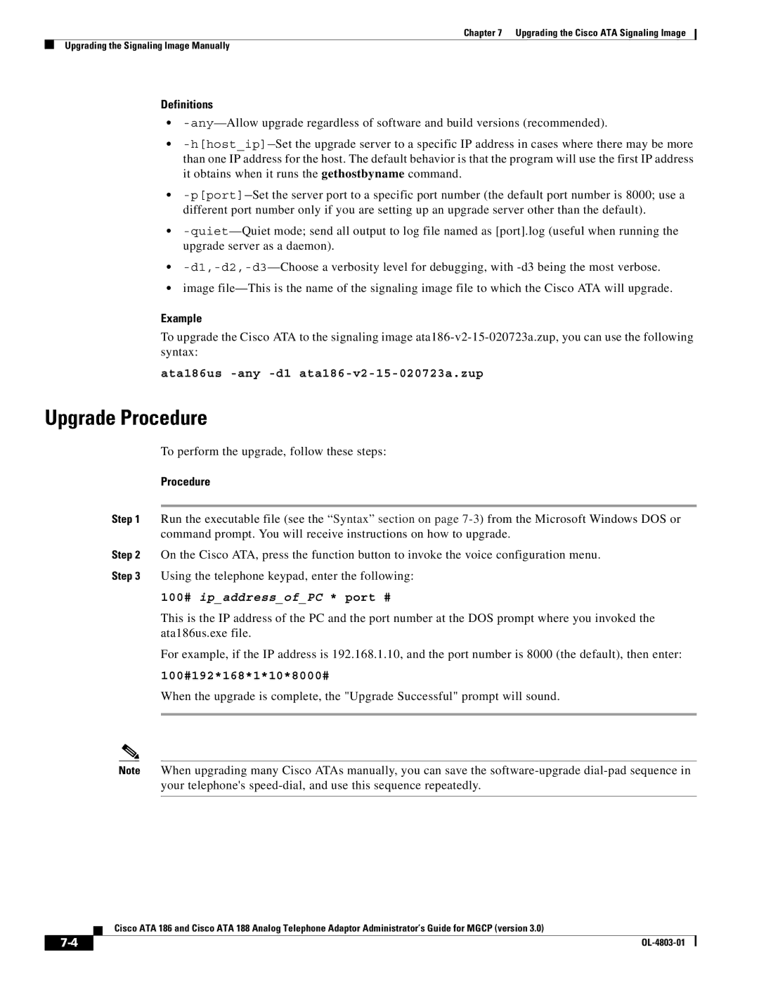 Cisco Systems ATA 186 manual Upgrade Procedure, To perform the upgrade, follow these steps 