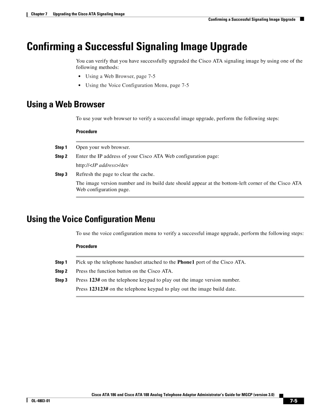 Cisco Systems ATA 186 manual Confirming a Successful Signaling Image Upgrade, Using a Web Browser 