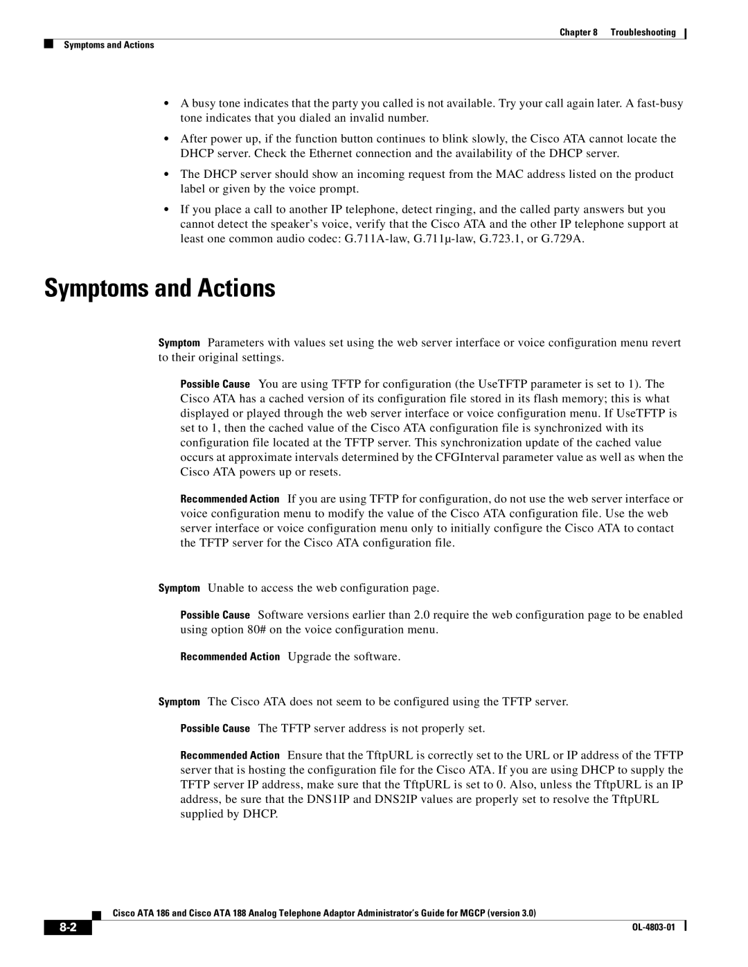 Cisco Systems ATA 186 manual Symptoms and Actions 