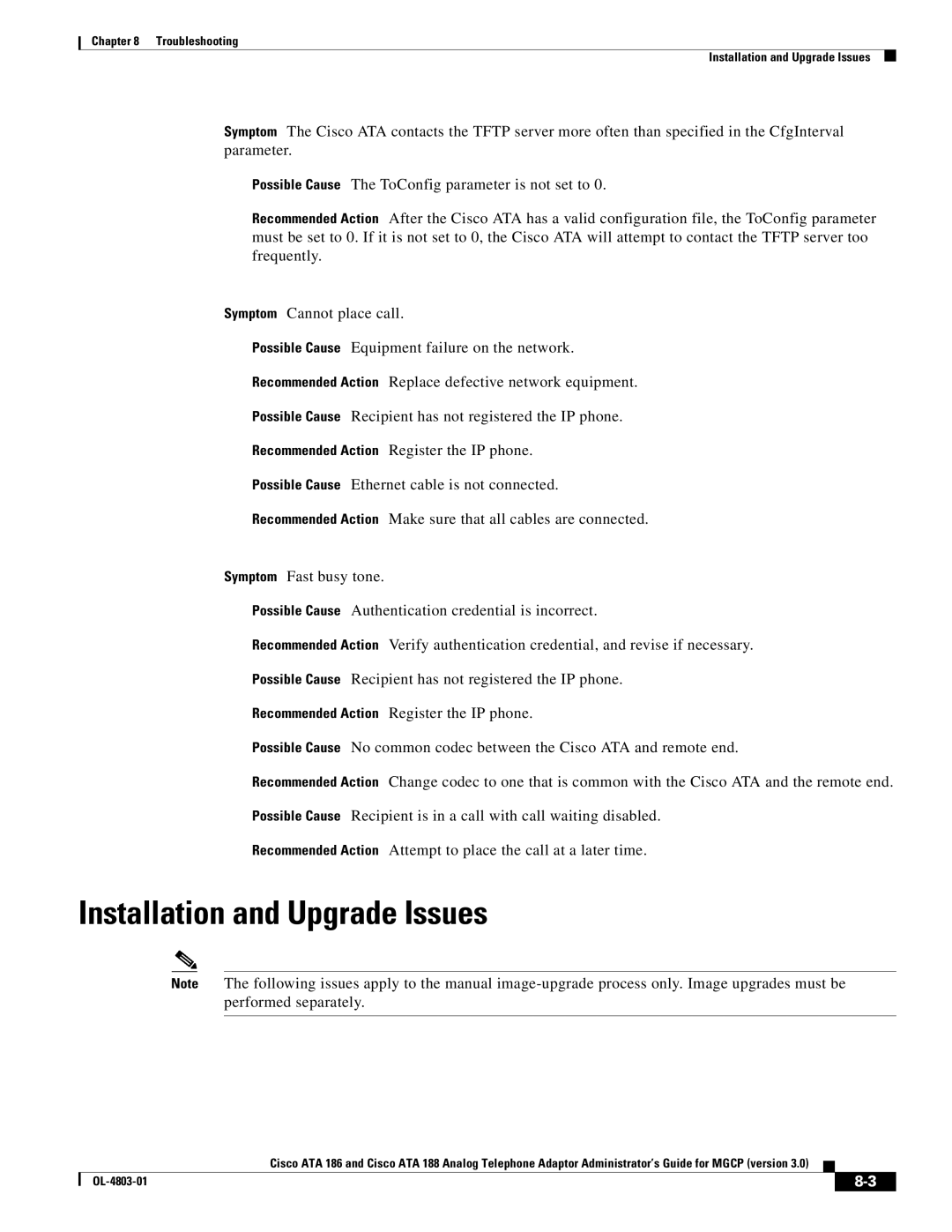 Cisco Systems ATA 186 manual Installation and Upgrade Issues 