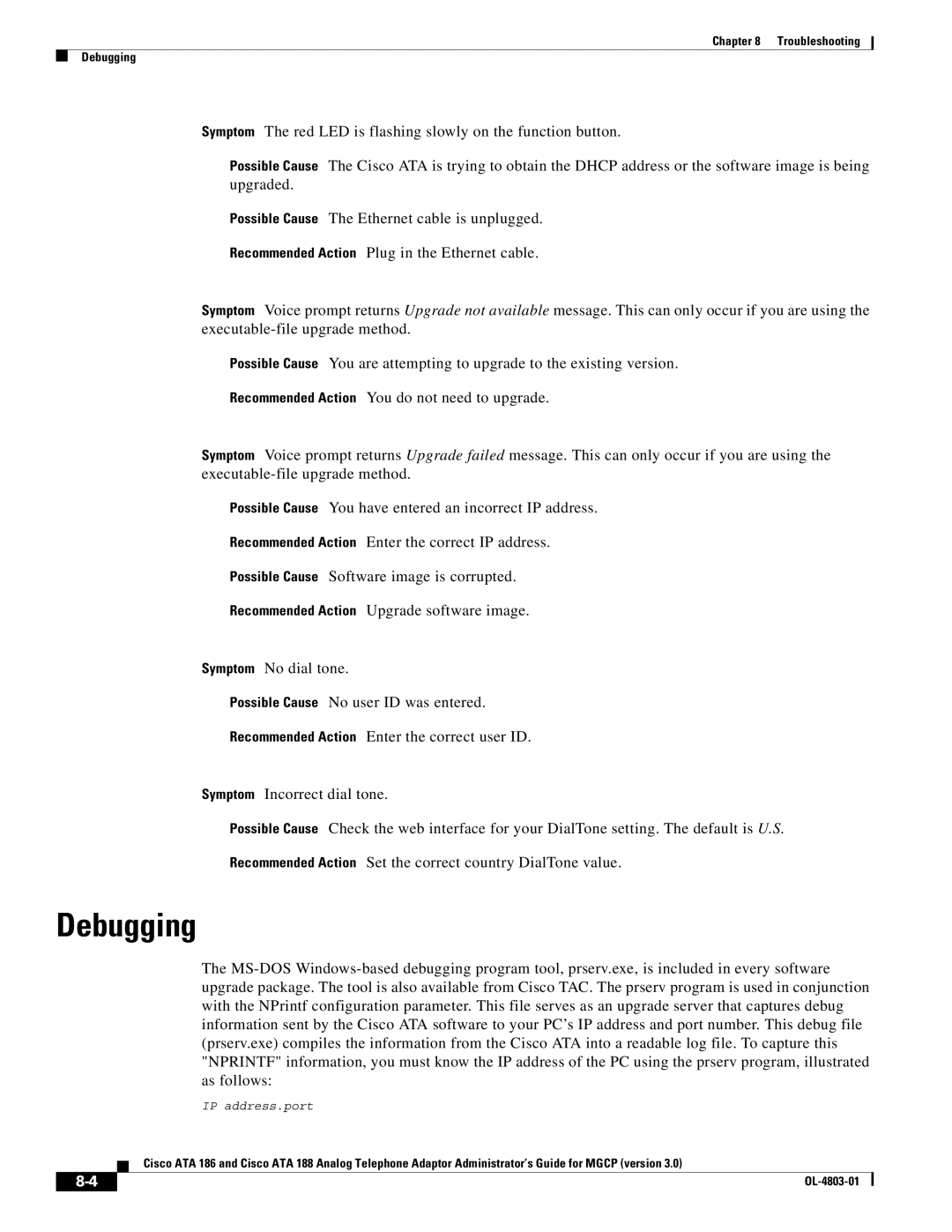 Cisco Systems ATA 186 manual Debugging 