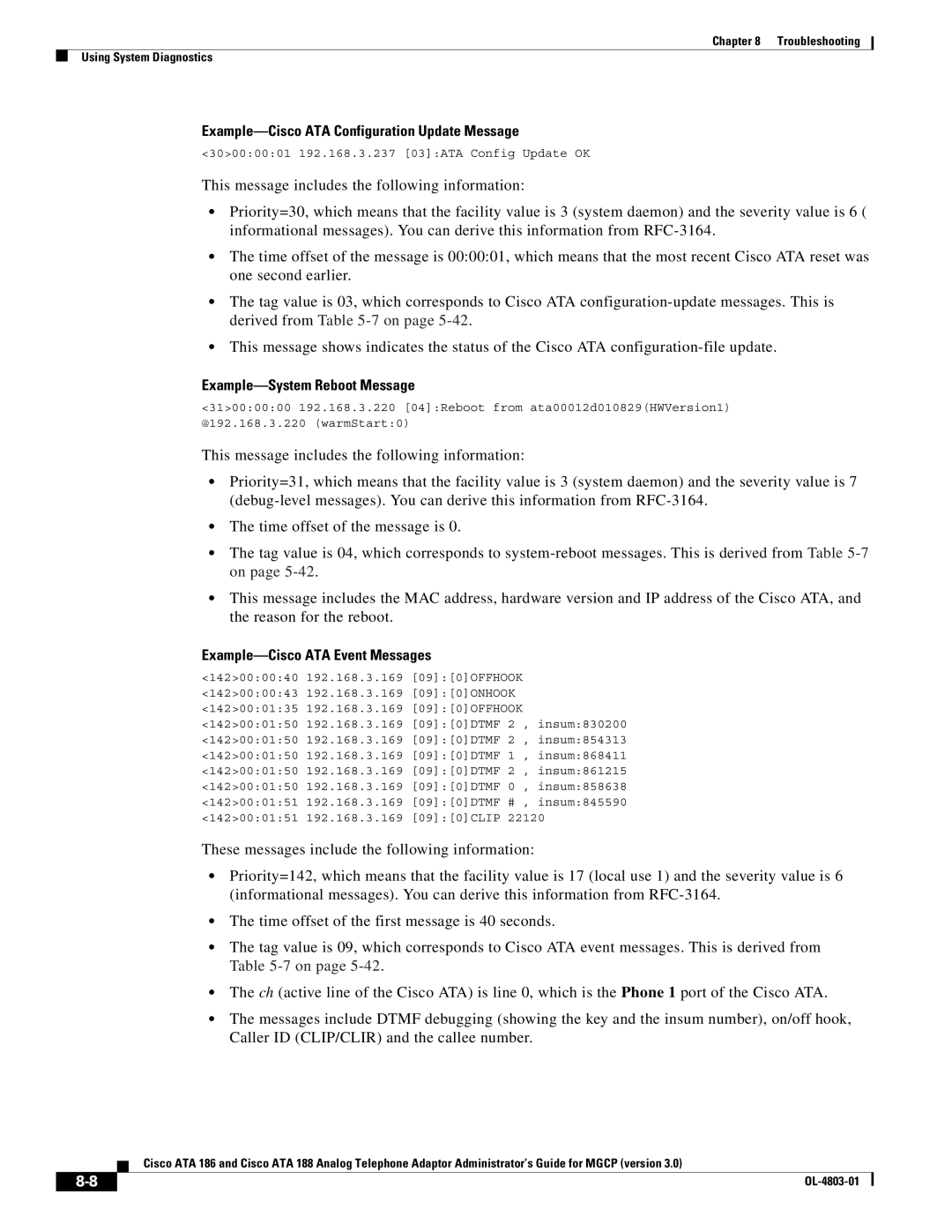 Cisco Systems ATA 186 manual Example-Cisco ATA Configuration Update Message, Example-System Reboot Message 