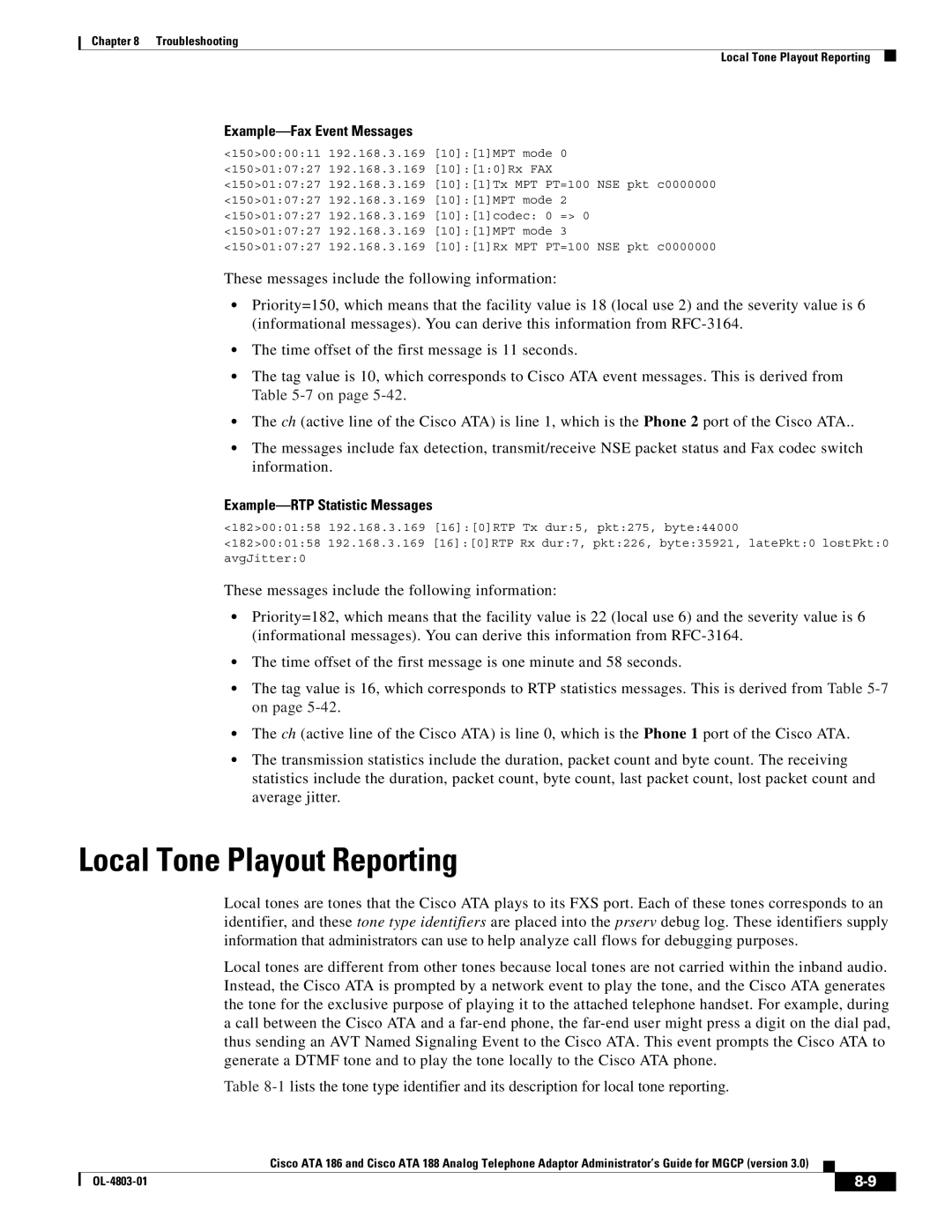 Cisco Systems ATA 186 manual Local Tone Playout Reporting, Example-Fax Event Messages, Example-RTP Statistic Messages 