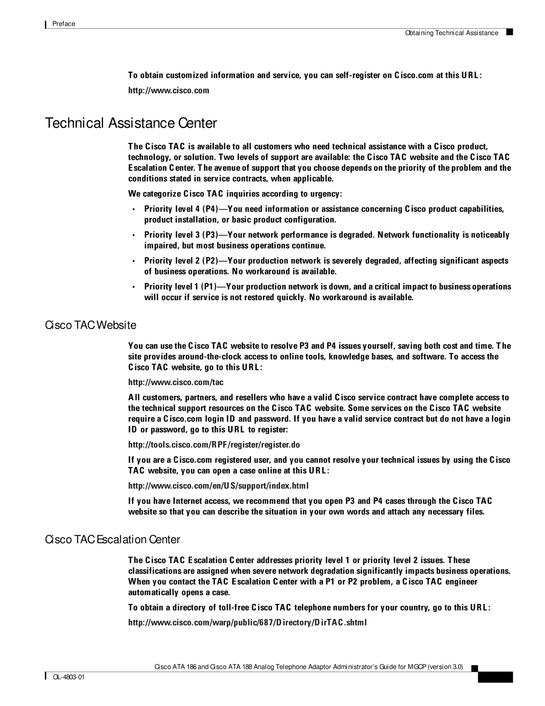 Cisco Systems ATA 186 manual Technical Assistance Center, Cisco TAC Website, Cisco TAC Escalation Center, Xvii 