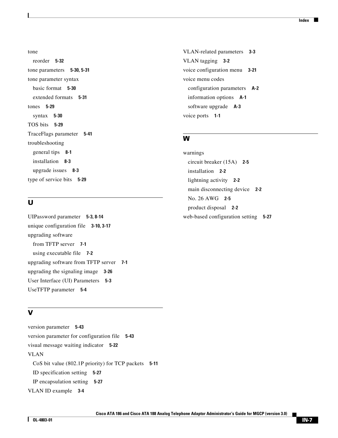 Cisco Systems ATA 186 manual Tone Reorder Tone parameters, Tone parameter syntax, IN-7 