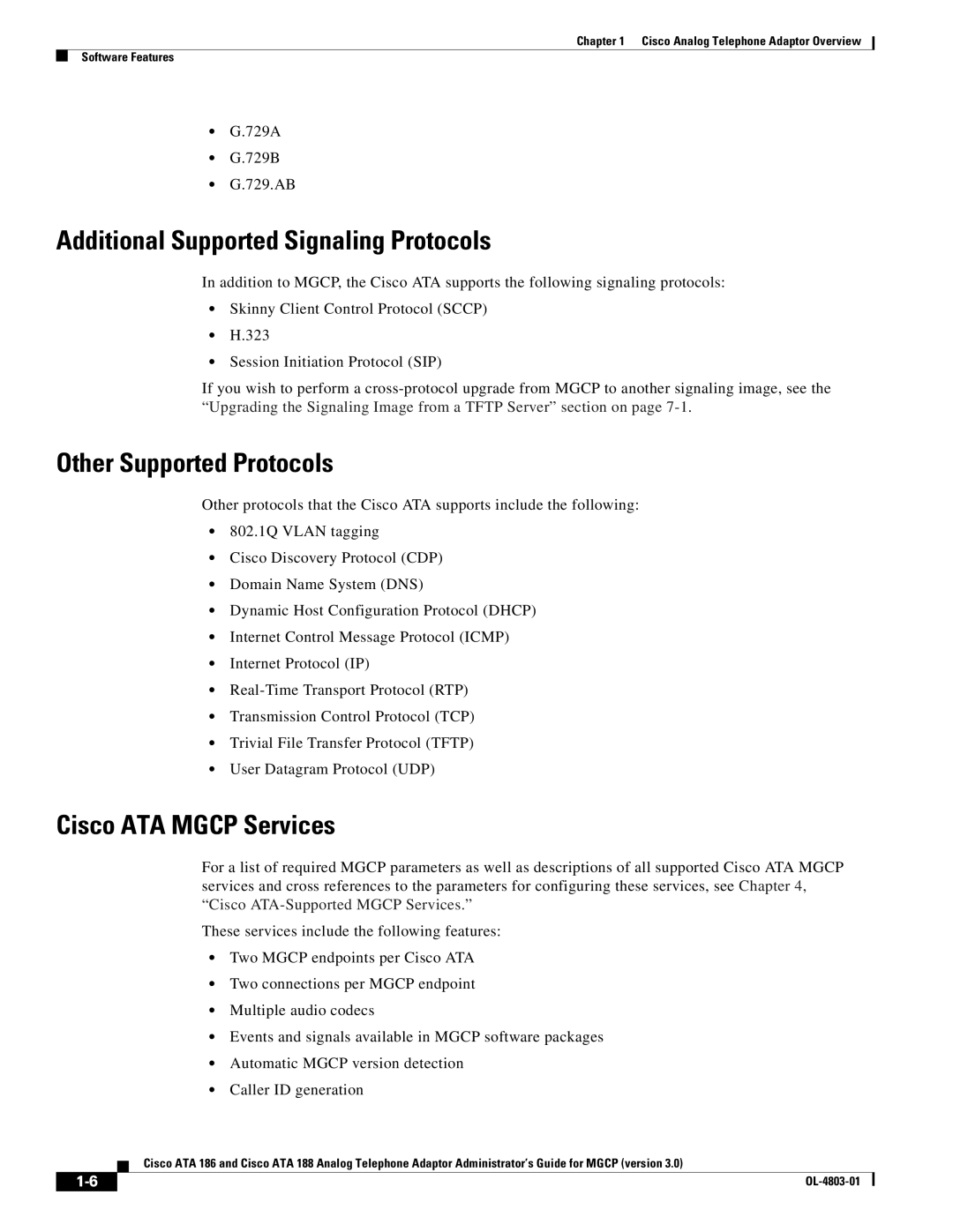 Cisco Systems ATA 186 manual Additional Supported Signaling Protocols, Other Supported Protocols, Cisco ATA Mgcp Services 