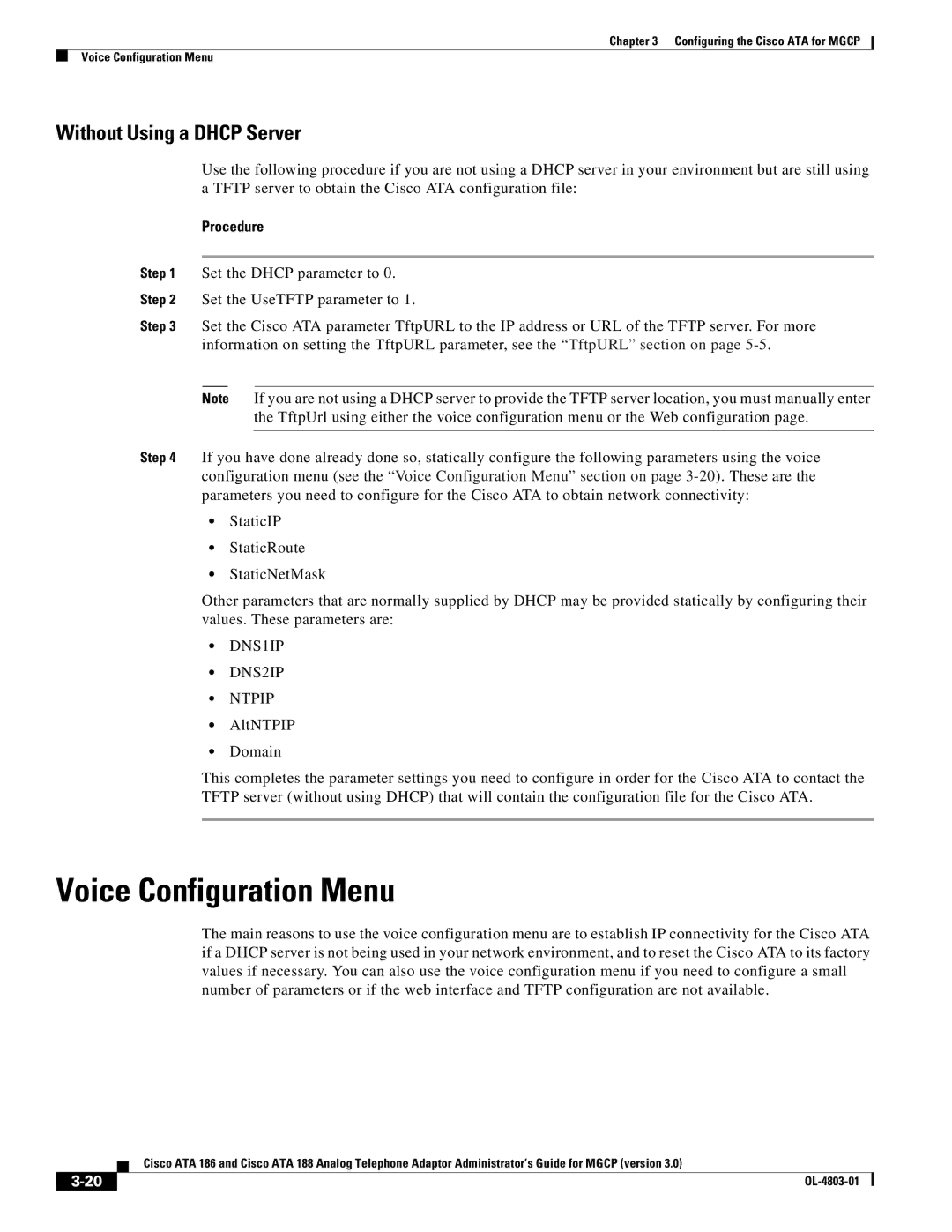 Cisco Systems ATA 186 manual Voice Configuration Menu, Without Using a Dhcp Server 