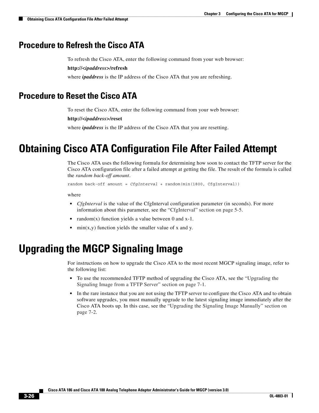 Cisco Systems ATA 186 manual Upgrading the Mgcp Signaling Image, Procedure to Refresh the Cisco ATA 