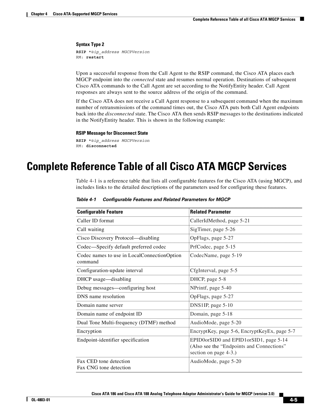 Cisco Systems ATA 186 manual Complete Reference Table of all Cisco ATA Mgcp Services, Rsip Message for Disconnect State 