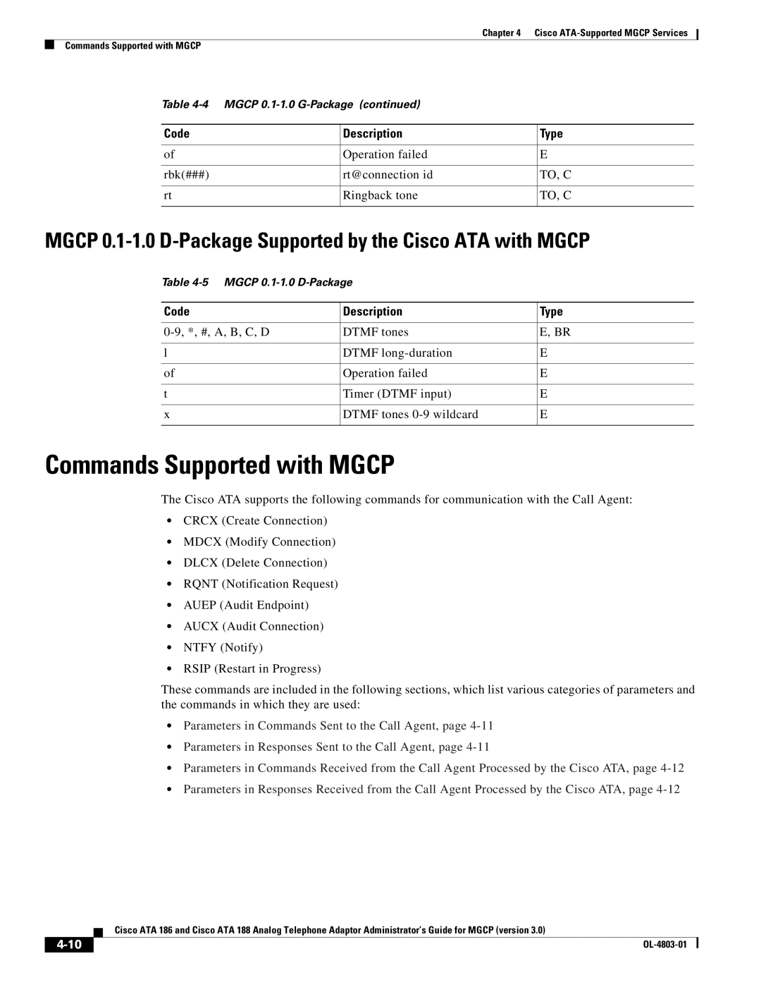 Cisco Systems ATA 186 manual Commands Supported with Mgcp, Mgcp 0.1-1.0 D-Package Supported by the Cisco ATA with Mgcp 