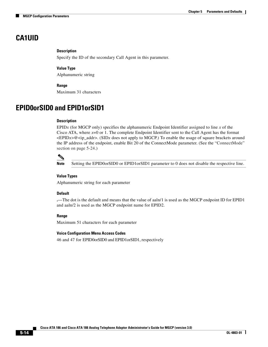 Cisco Systems ATA 186 manual EPID0orSID0 and EPID1orSID1, Value Types, Voice Configuration Menu Access Codes 