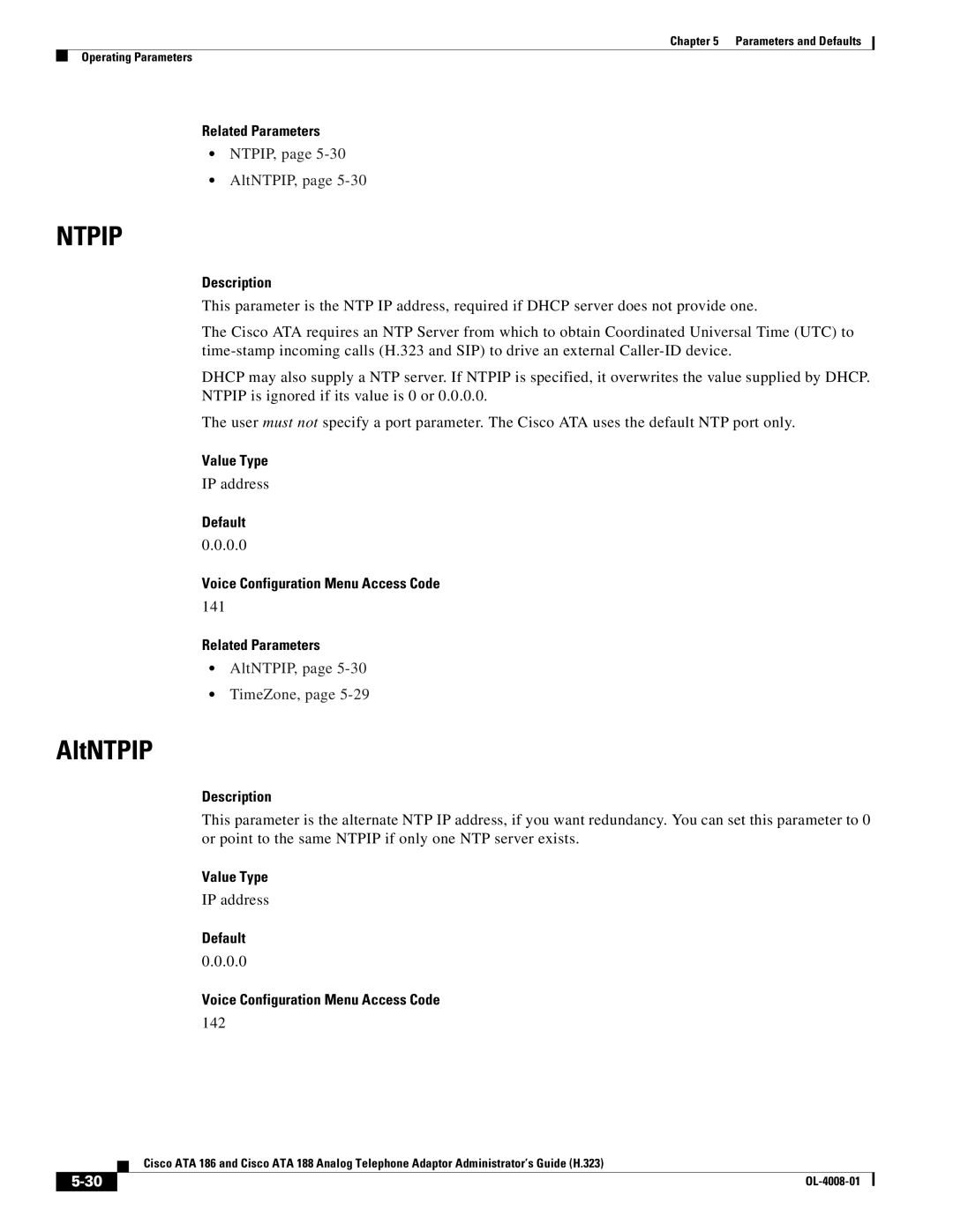 Cisco Systems ATA 188 manual NTPIP, AltNTPIP, 141, AltNTPIP, TimeZone, 142 