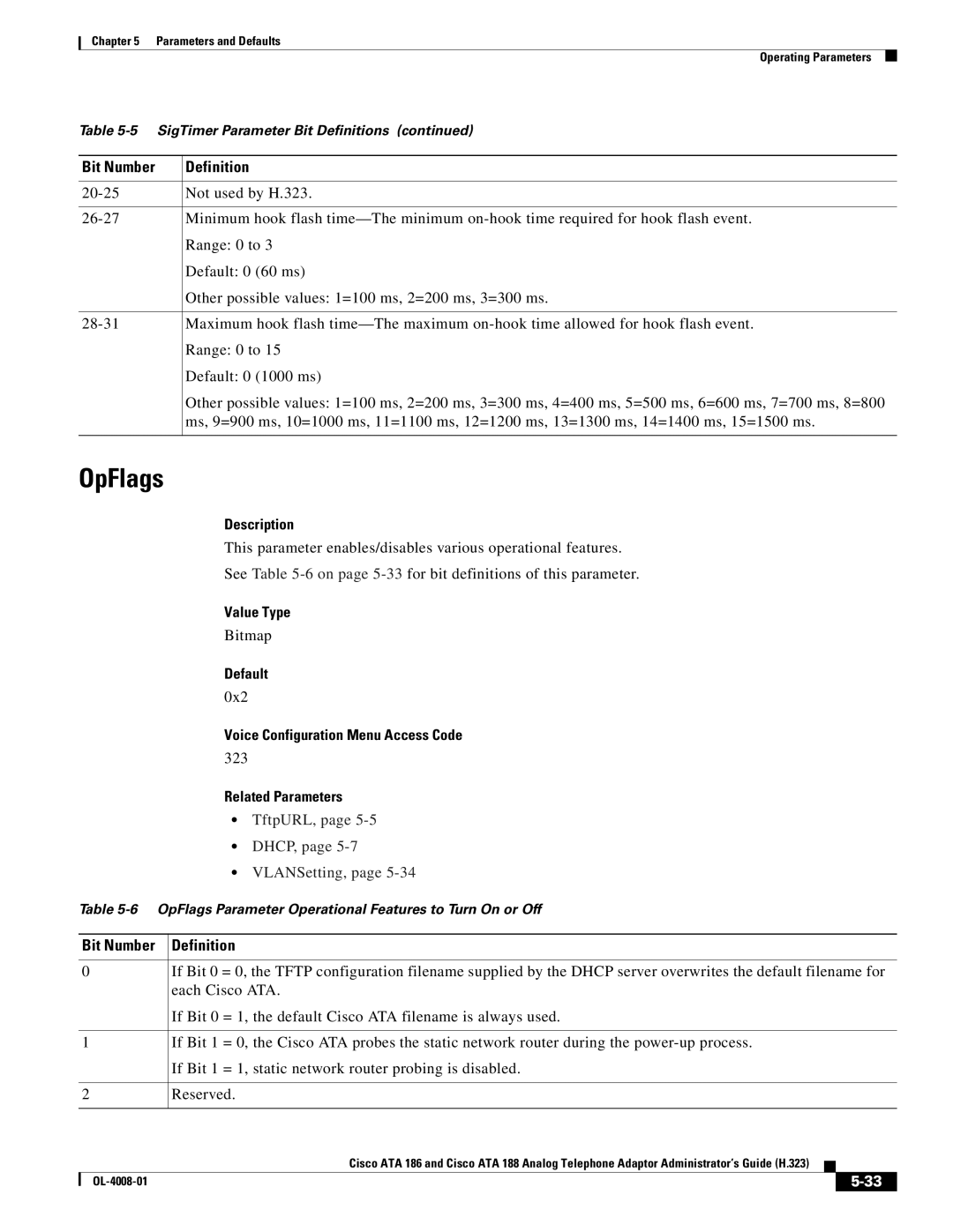 Cisco Systems ATA 188 manual OpFlags, TftpURL, DHCP, VLANSetting 