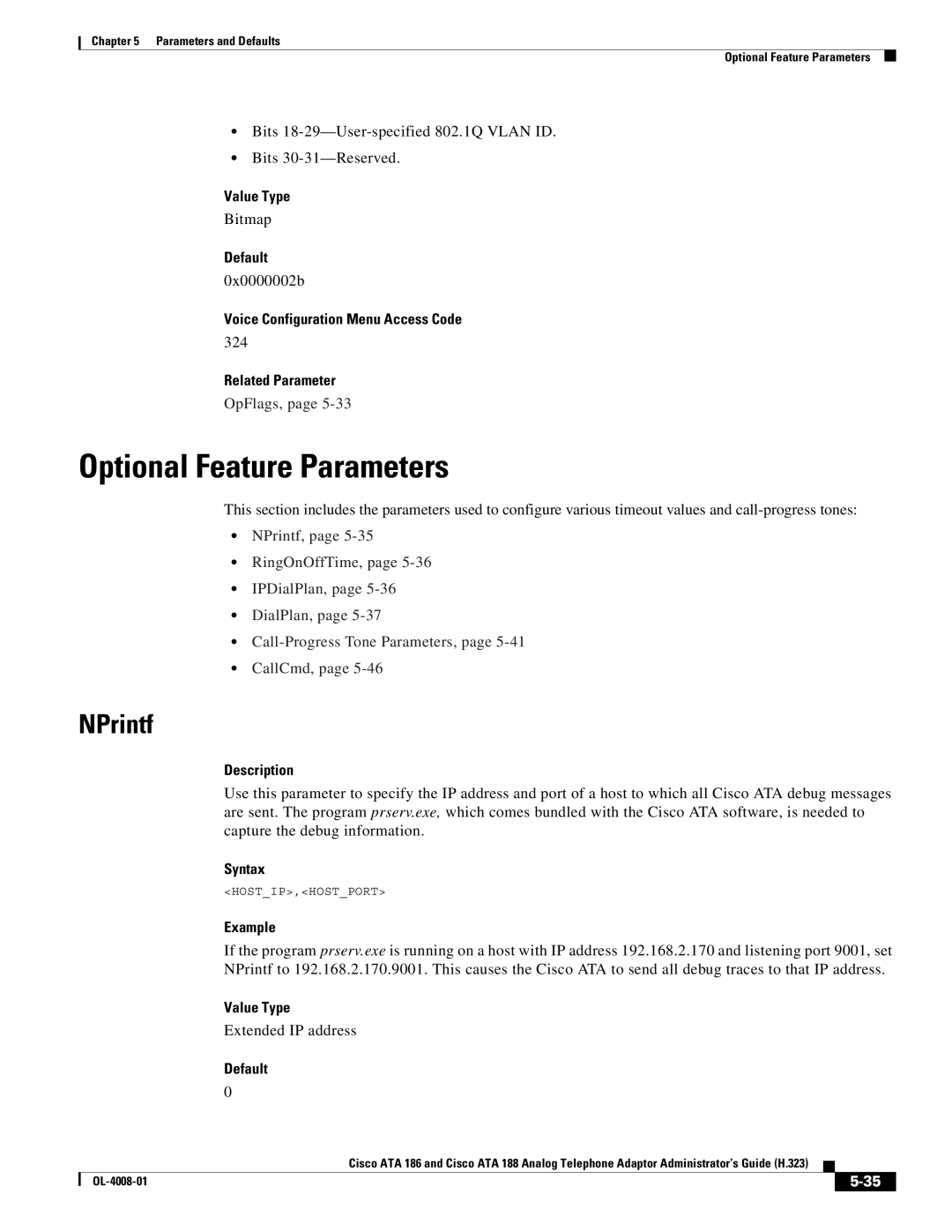 Cisco Systems ATA 188 manual Optional Feature Parameters, NPrintf, 0x0000002b, 324, Extended IP address 