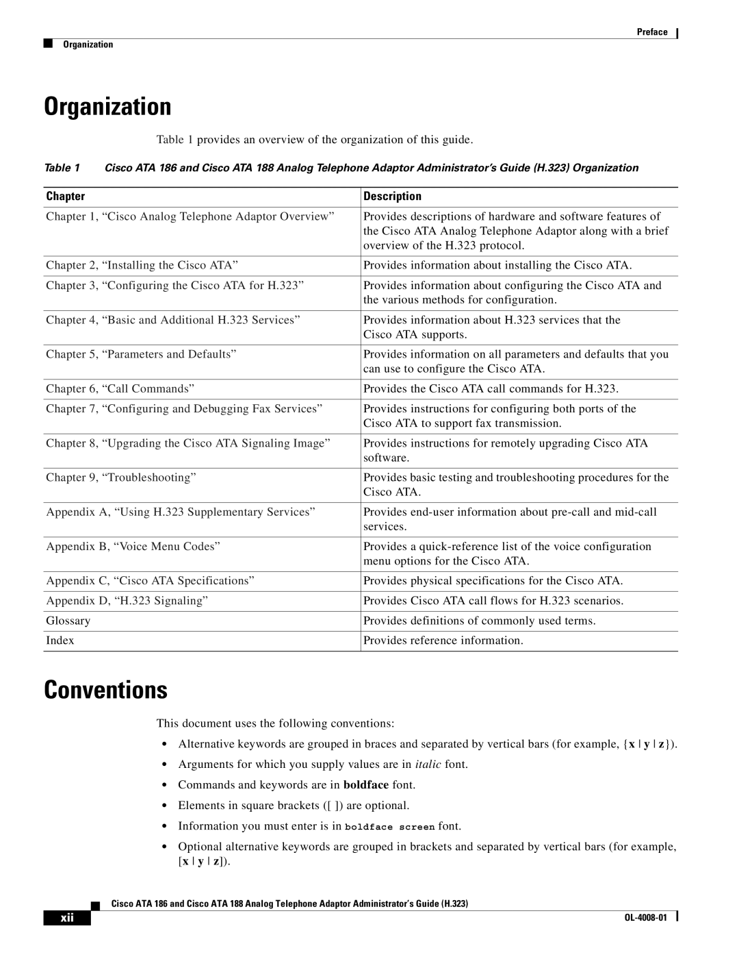 Cisco Systems ATA 188 manual Organization, Conventions, Chapter Description, Xii 