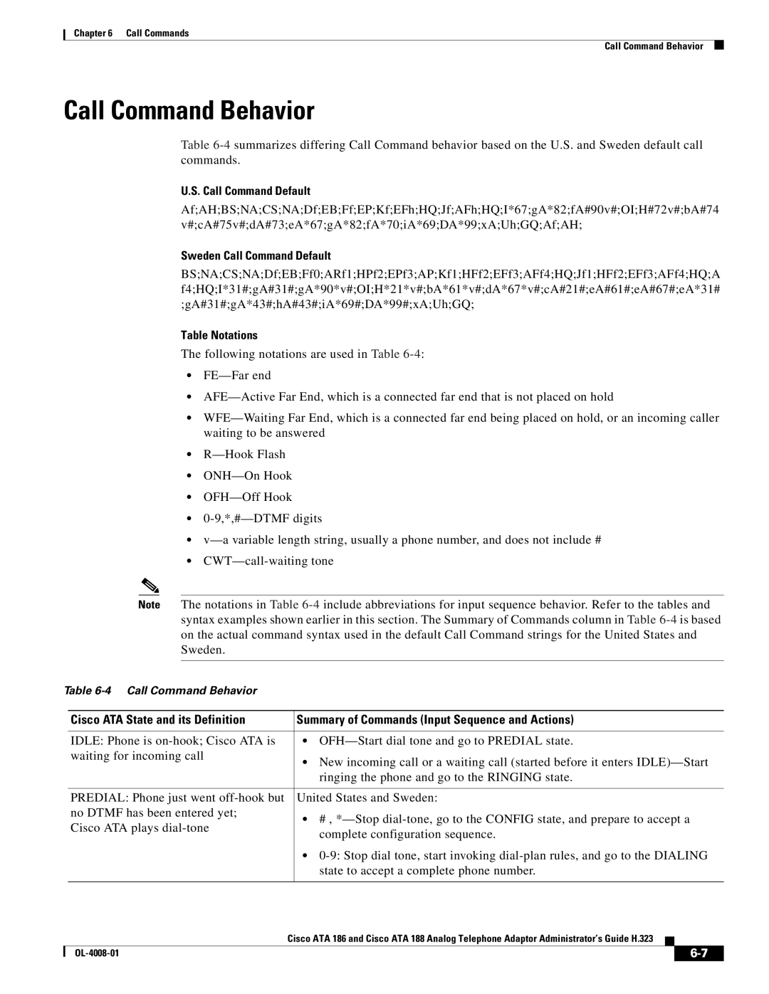 Cisco Systems ATA 188 manual Call Command Behavior, Sweden Call Command Default, Table Notations 