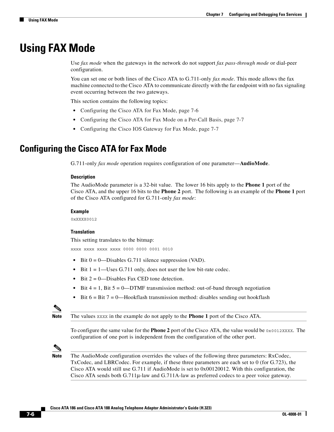 Cisco Systems ATA 188 manual Using FAX Mode, Configuring the Cisco ATA for Fax Mode 