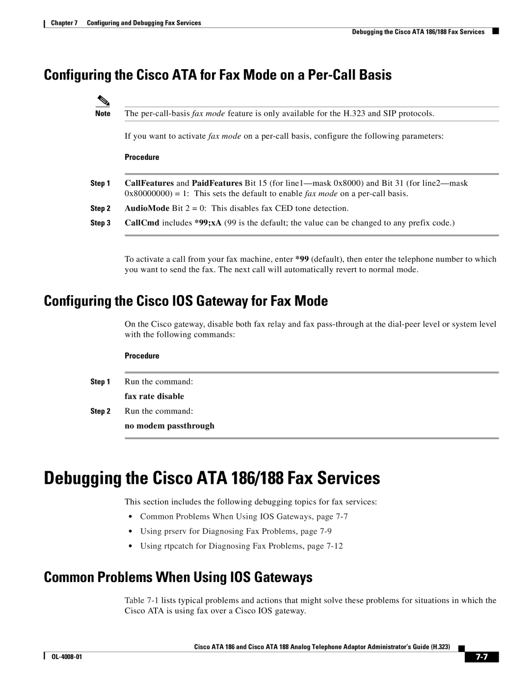 Cisco Systems ATA 188 manual Debugging the Cisco ATA 186/188 Fax Services, Configuring the Cisco IOS Gateway for Fax Mode 