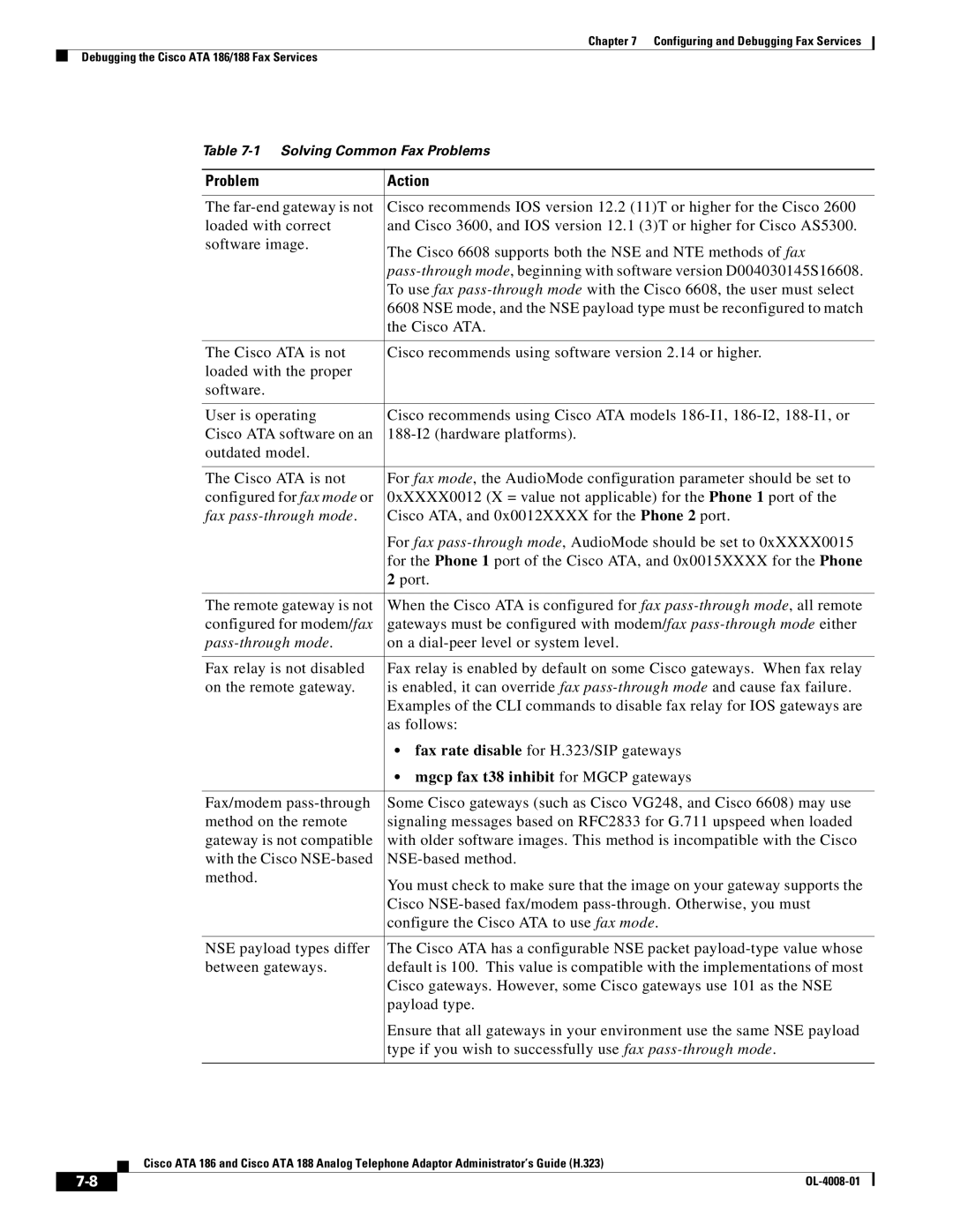 Cisco Systems ATA 188 manual Problem Action, Cisco ATA, and 0x0012XXXX for the Phone 2 port, Port 