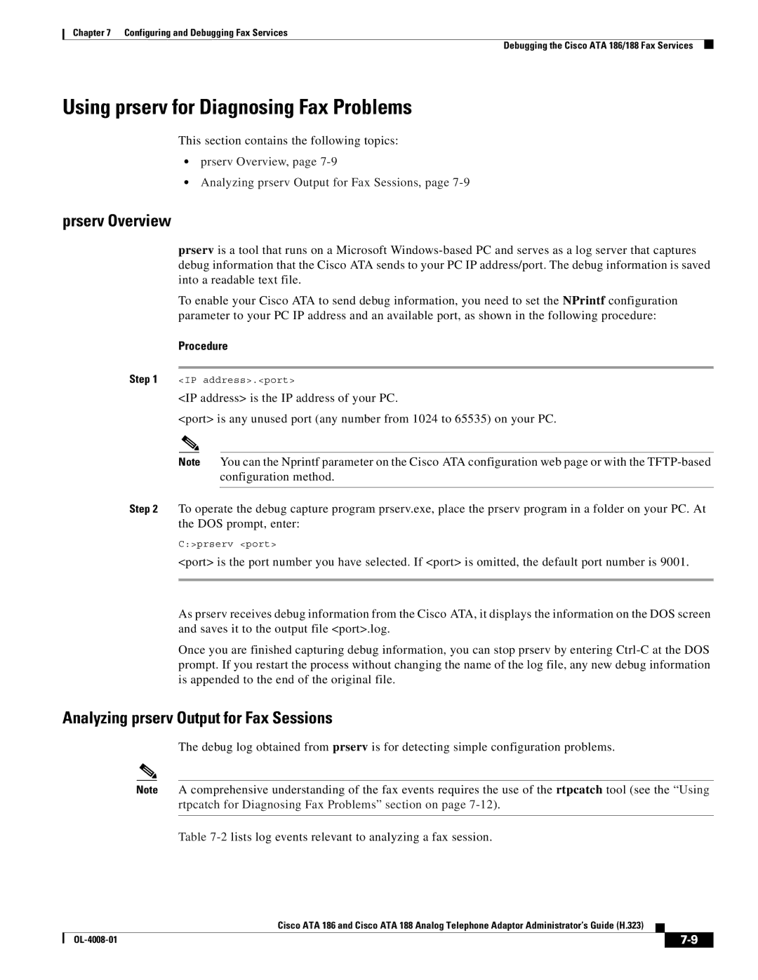 Cisco Systems ATA 188 Using prserv for Diagnosing Fax Problems, Prserv Overview, Analyzing prserv Output for Fax Sessions 