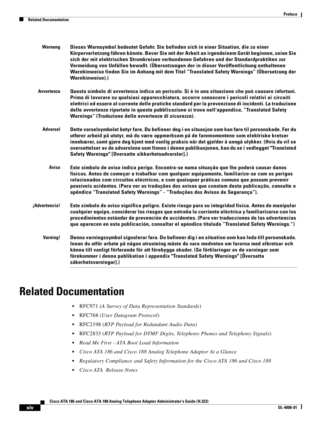 Cisco Systems ATA 188 manual Related Documentation, Xiv 