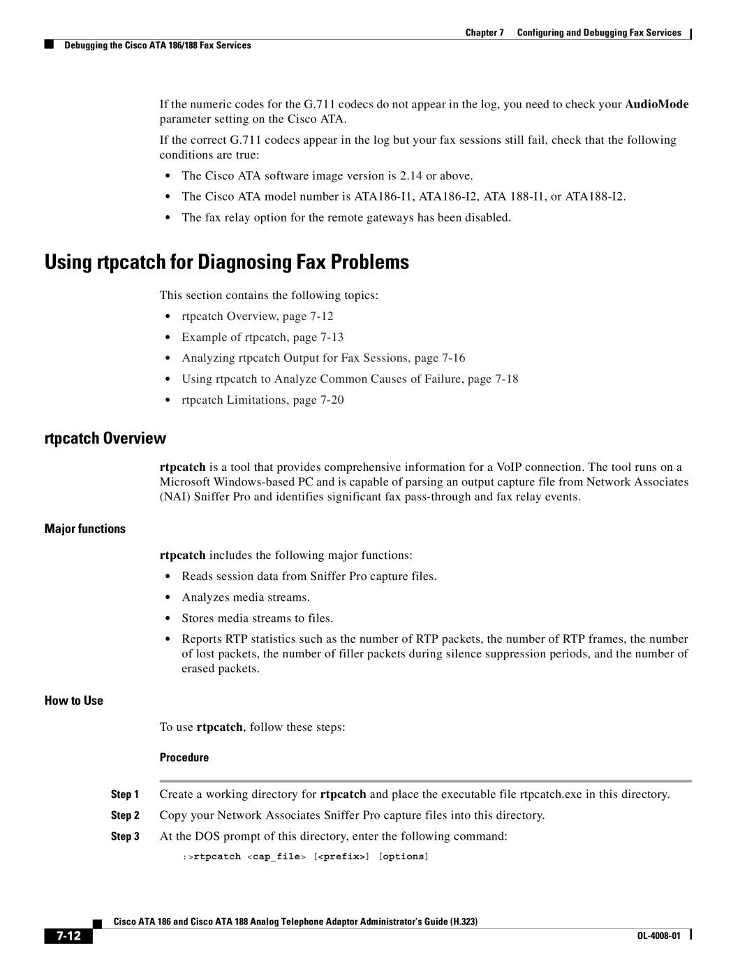 Cisco Systems ATA 188 Using rtpcatch for Diagnosing Fax Problems, Rtpcatch Overview, To use rtpcatch, follow these steps 